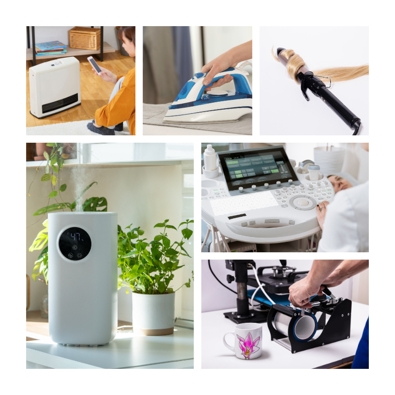 PTC heater conductor applications from PC motherboard protection to steam irons, medical devices, air purifiers, and frost prevention.