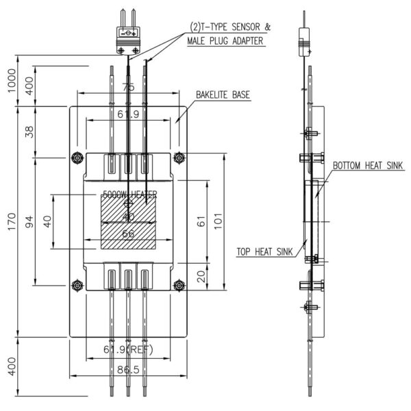 KLC TTV with Bakelite plate, showcasing UL-certified 12AWG/16AWG high-voltage wiring and an optional integrated NTC/RTD temperature sensor for real-time monitoring.