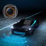 Technische dwarsdoorsnede van een KLC ClearView ultradunne polyimideverwarming geïntegreerd in een ADAS-cameralens voor het voorkomen van condensvorming en het ontdooien van lenzen in autonome voertuigen.